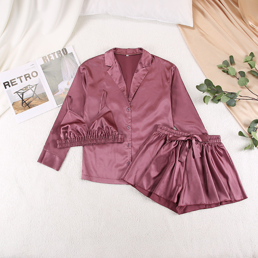 Wholesale Pajamas Three Piece Set Silk Long Sleeve Bathrobe Home Wear